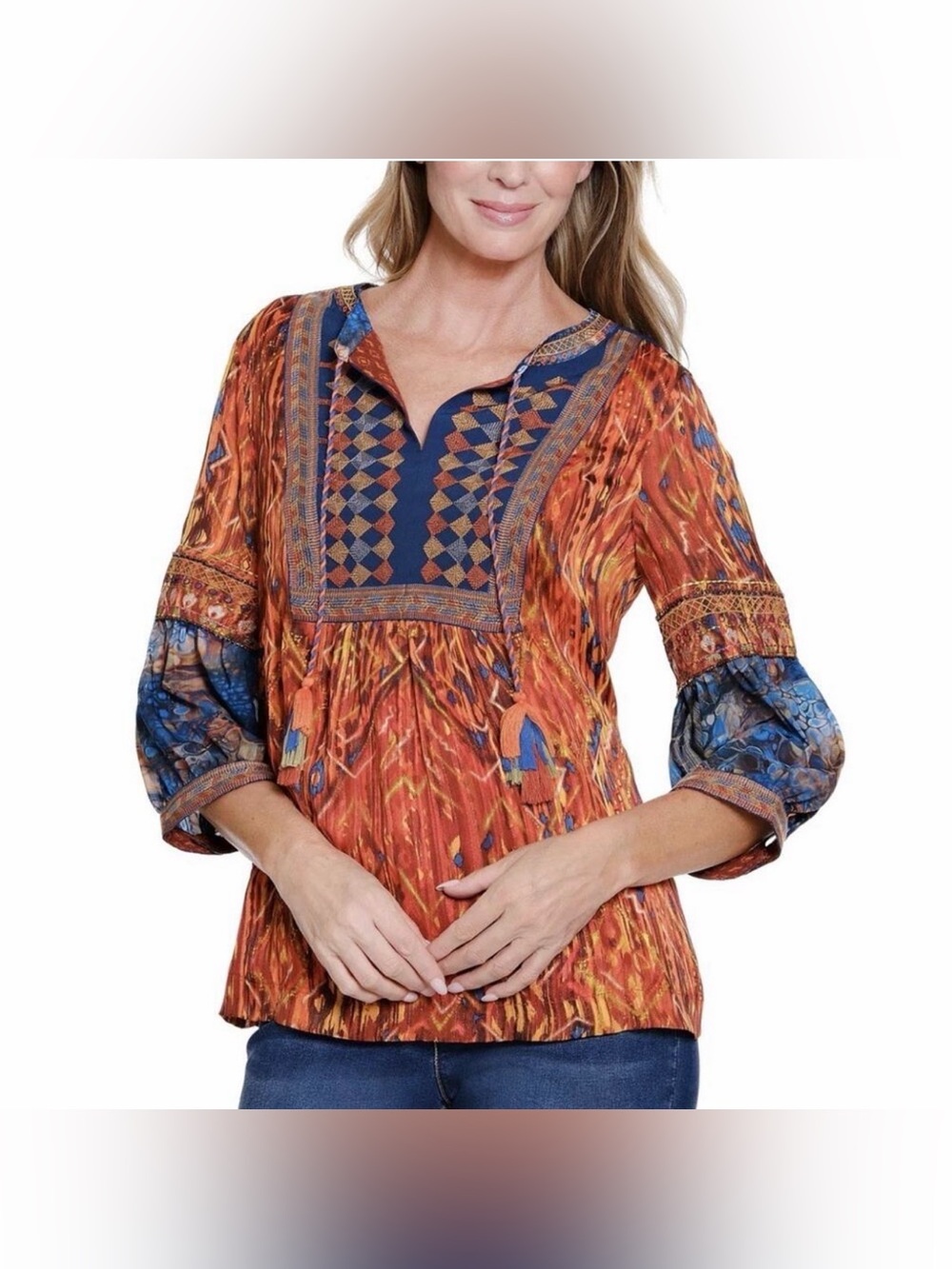 John Mark Autumn Hues Boho Tunic Top Plus 2X Ikat Print Embroidered Tassel Tie